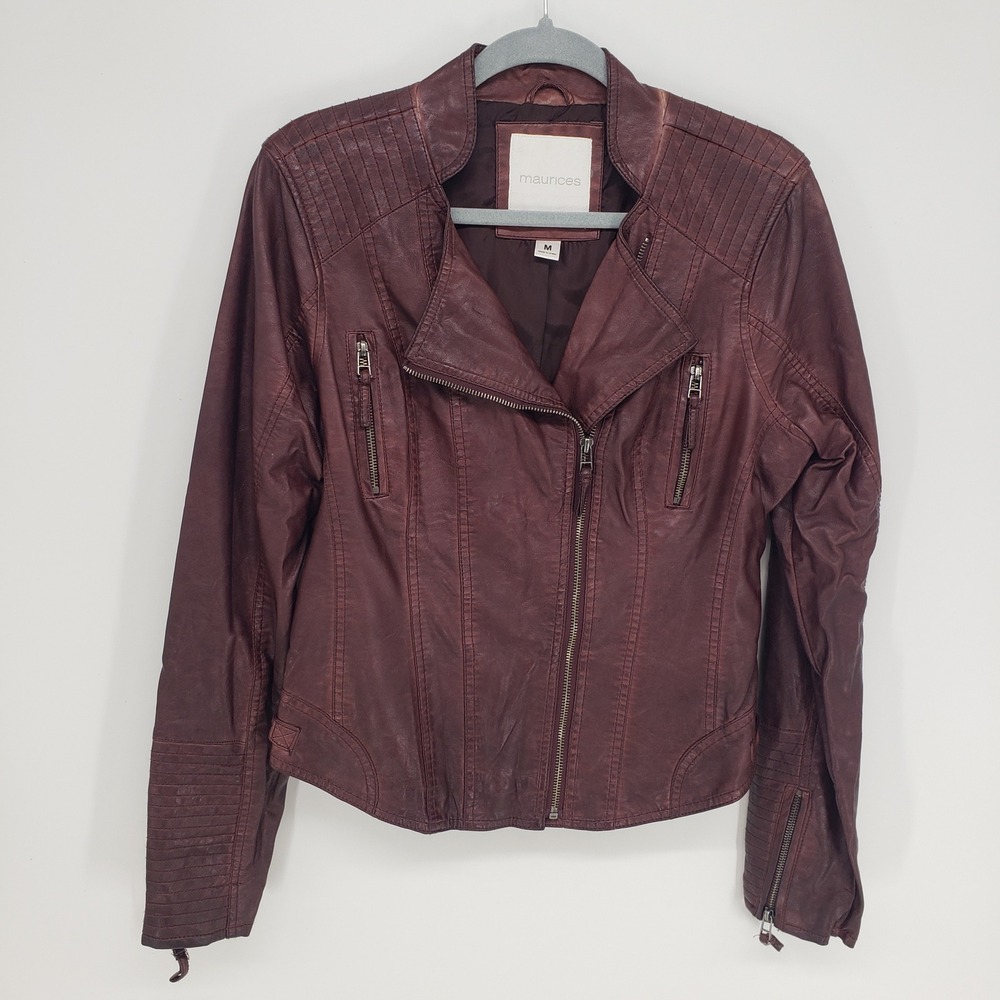 Maurices Faux Leather Moto Jacket Women Size M Burgundy Biker Ribbed Zip Up Edgy